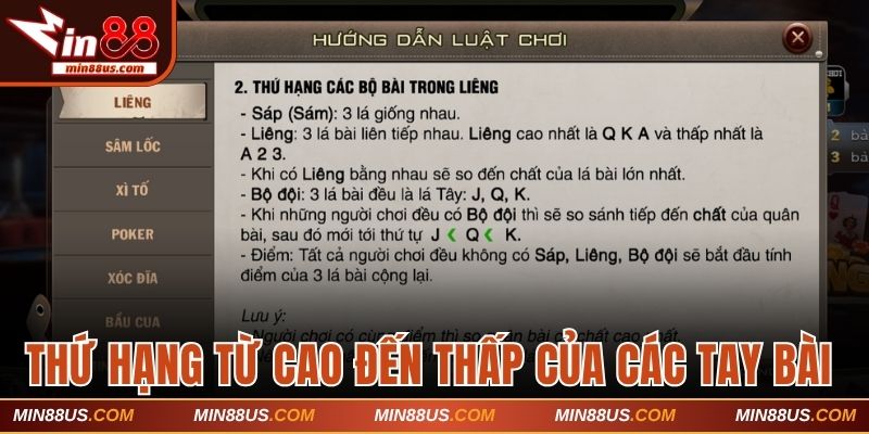 Thứ hạng từ cao đến thấp của các tay bài Liêng 